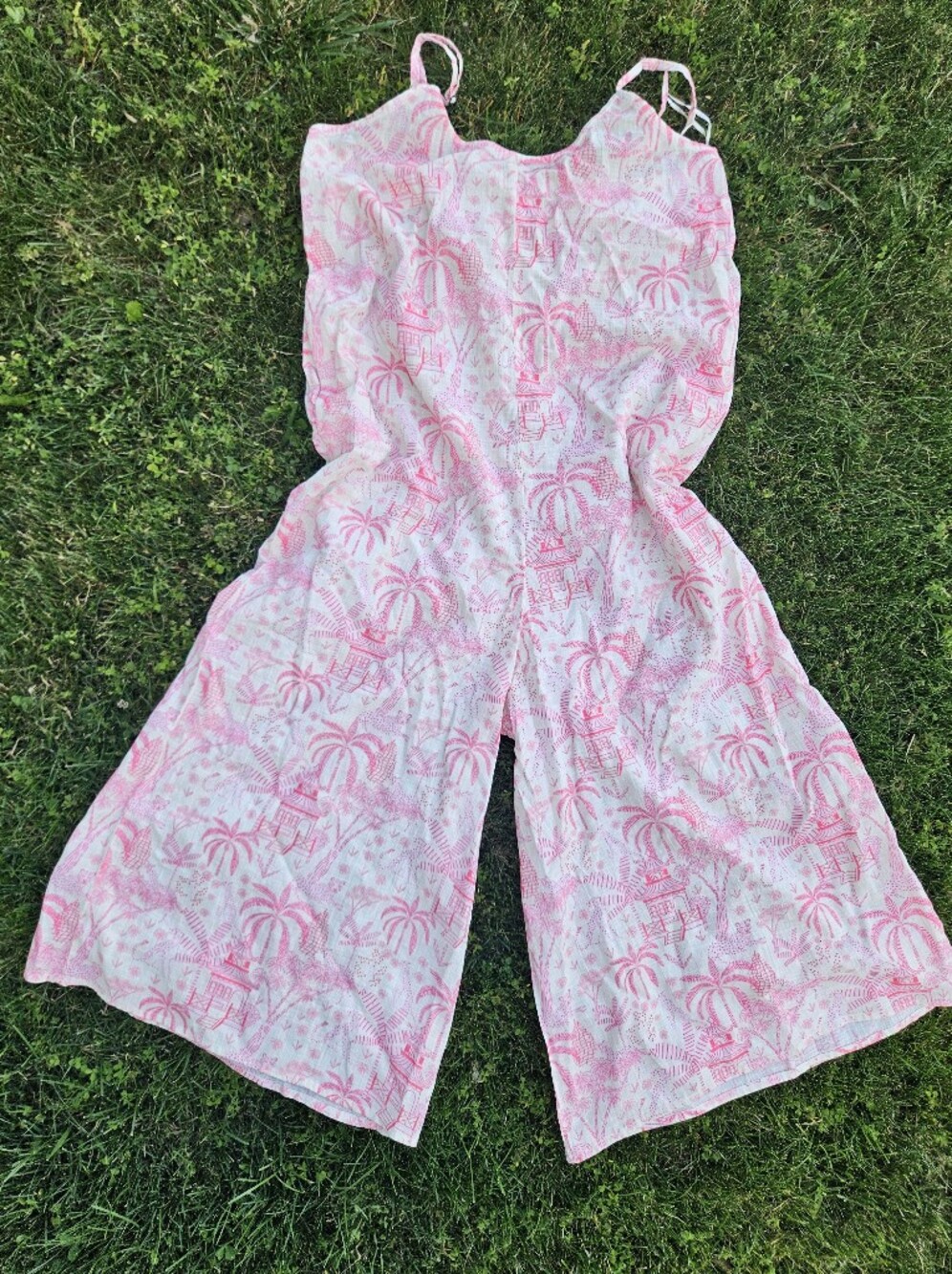 Cost Plus World Market Pink and White Tropical Print Women's One-Piece Romper